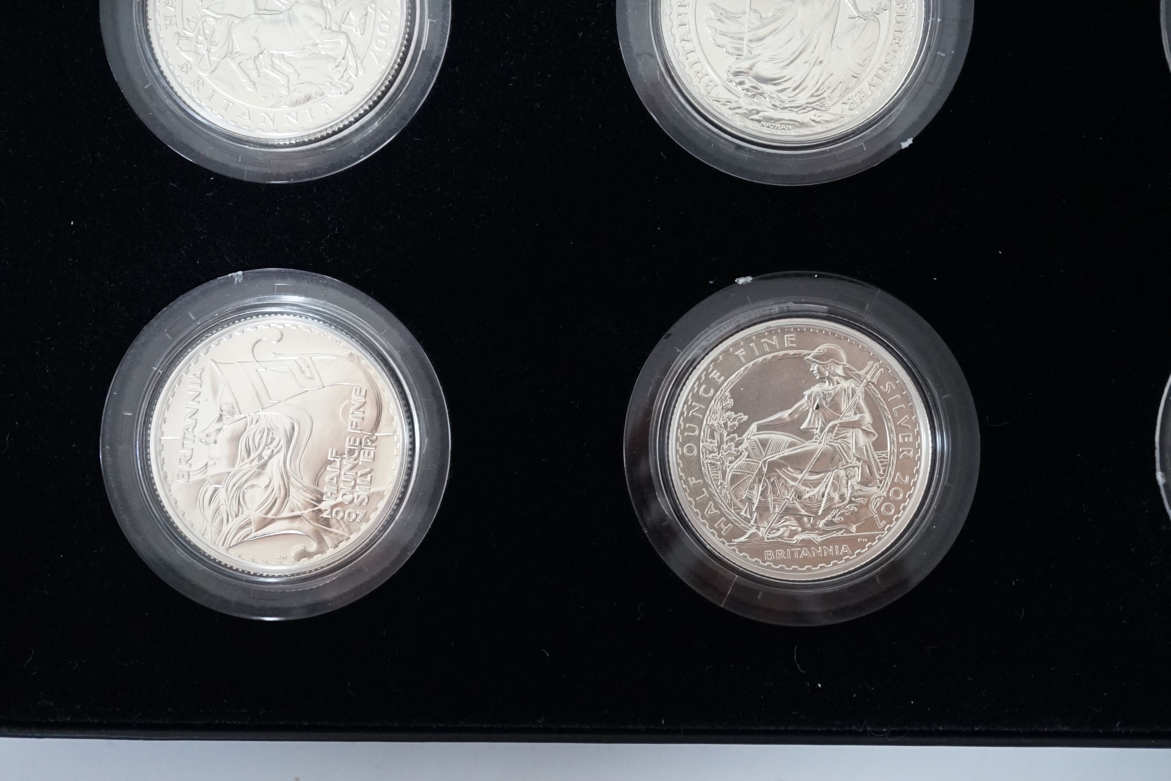 Elizabeth II proof coins, 2007 Britannia 20th Anniversary silver proof one pound collection, cased with certificate